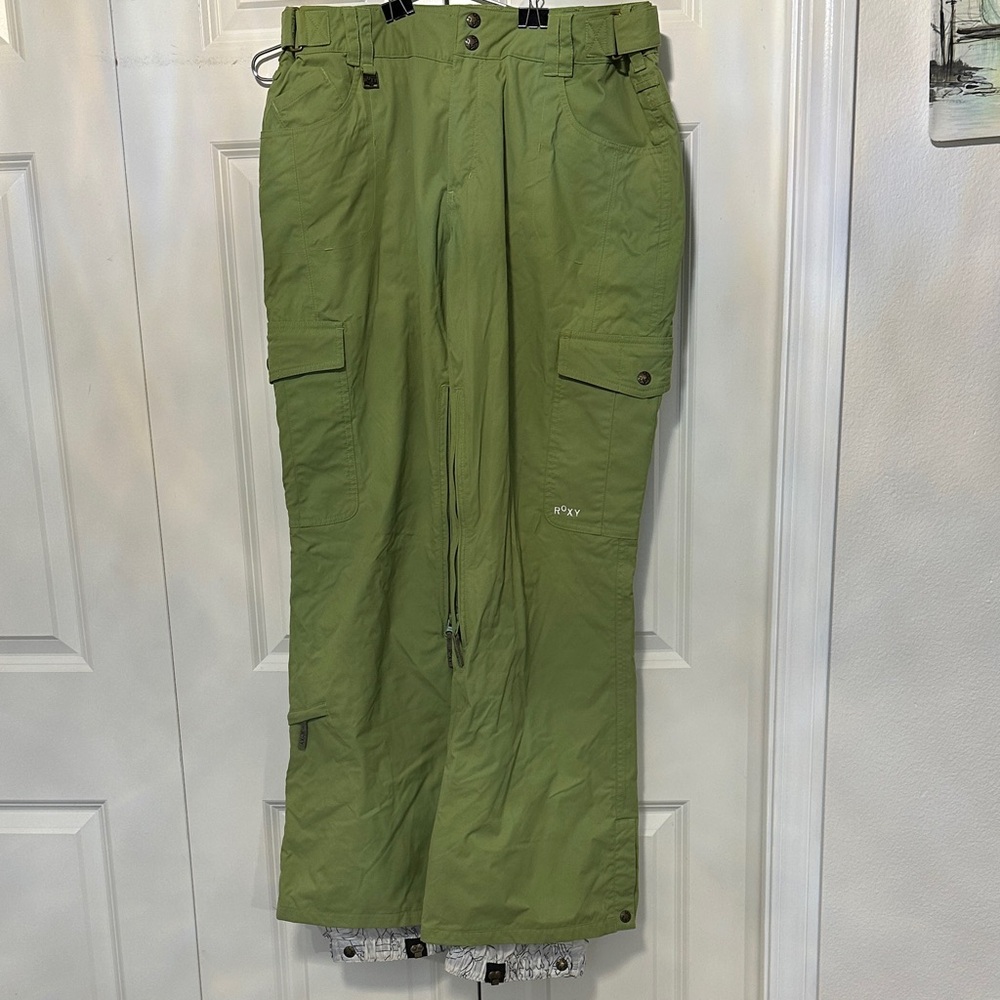 Roxy Snowboarding pants green zip fly adjustable waistband pockets everywhere